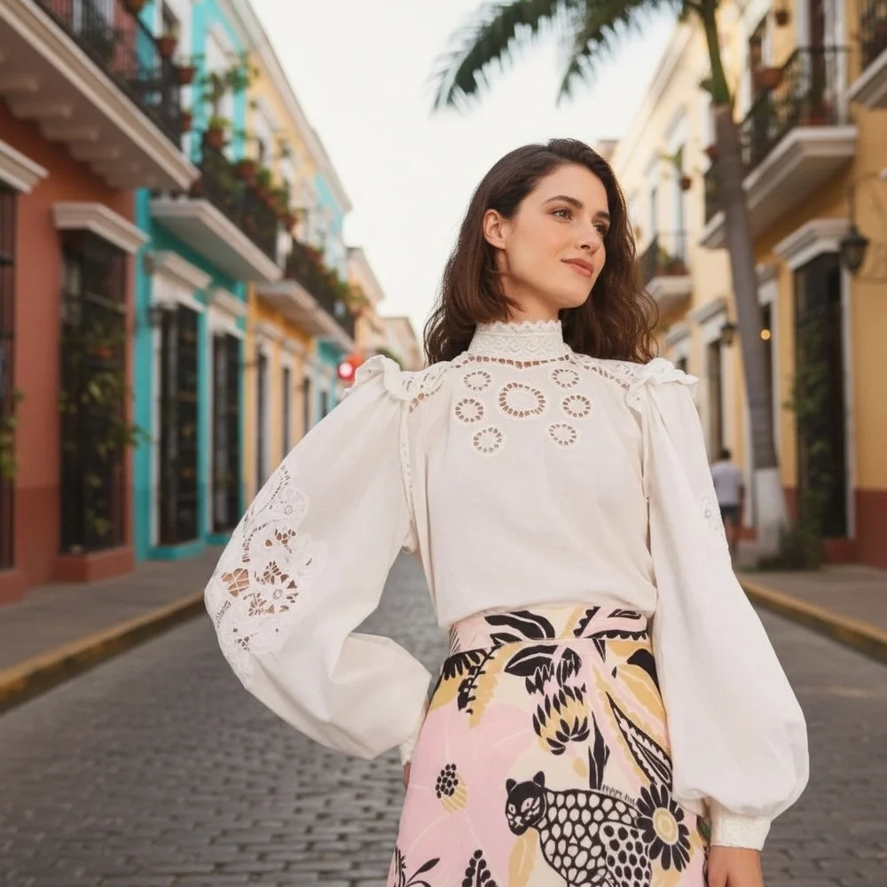 Farm Rio | Eyelet Lace Blouse Puff Sleeve Romantic Top | White | Size M